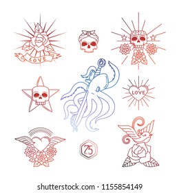 Colorful tattoo vector elements. Linear tattoos with skull and flowers, heart, sparrow or swallow bird isolated on white background