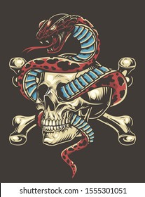 Colorful tattoo vintage concept with poisonous snake entwined with skull and crossbones isolated vector illustration