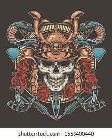 Colorful tattoo vintage concept with samurai warrior skull snakes dagger roses tattoo machines isolated vector illustration