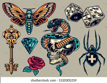 Colorful tattoos composition with medieval golden key butterfly dice cross spider diamond rose snake entwined with skull in vintage style isolated vector illustration