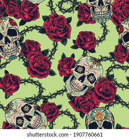 Colorful tattoos vintage seamless pattern with sugar skulls green wavy stem of barbed wire with beautiful roses vector illustration