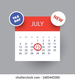 Colorful Tax Day Reminder Concept - Calendar Design Template - USA Tax Deadline, New Due Date For IRS Federal Income Tax Returns: 15 July 2020
