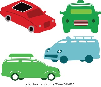 Colorful Taxis and Cars of Various Types on a White Background