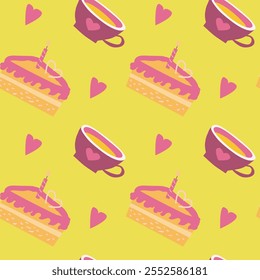 Colorful tea and cake pattern with hearts on vibrant yellow background.