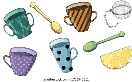 Colorful tea and coffee cups strainer spoons lemon clipart set