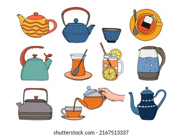 Colorida colección de ilustraciones del concepto de té. Colorida colección de ilustraciones del té del doodle. Conjunto de ilustraciones de té dibujadas a mano.