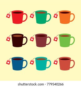 colorful tea cup with tea bag vector collection