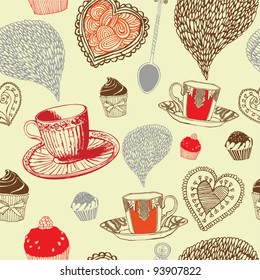 Colorful tea cup and dessert. Kitchen seamless pattern