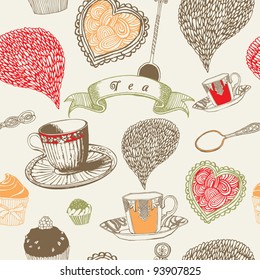 Colorful tea cup and dessert. Kitchen seamless pattern