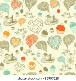 Colorful tea cup and dessert. Kitchen seamless pattern