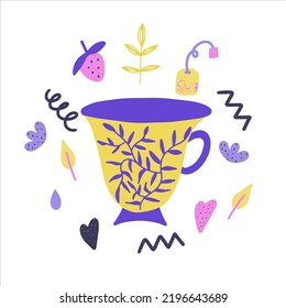 Colorful tea cup with small elements around. Herbal and berry tea. Flat vector illustration. 