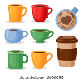 Colorful tea cups, coffee mug. Vector set of paper cups and top view coffee isolated on white background. Winter warming drinks for cafe, restaurant menu, poster, banner, web design.Take away coffee
