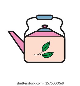 A colorful tea kettle with tea leaves