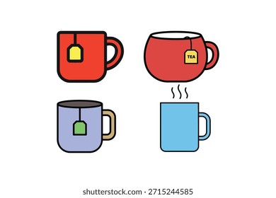 Taza de té colorida Ilustración vectorial de la Colección Tazas de té lindas con el diseño de dibujos animados de las bolsas de té
