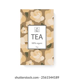 Colorful tea packaging design with floral elements and organic label. Templates packaging tea, logo, label, banner, poster, identity, branding. Stylish design for black, green, white tea.