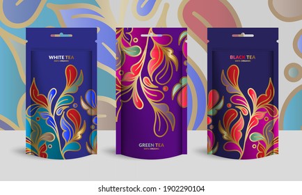 Colorful tea packaging design with zip pouch bag mockup. Vector ornament template. Elegant, classic elements. Great for food, drink and other package types. Can be used for background and wallpaper.