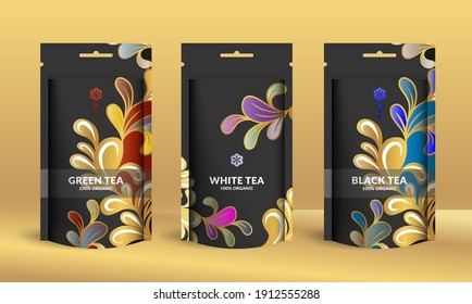 Colorful tea packaging design with zip pouch bag mockup. Vector ornament template. Elegant, classic elements. Great for food, drink and other package types. Can be used for background and wallpaper.