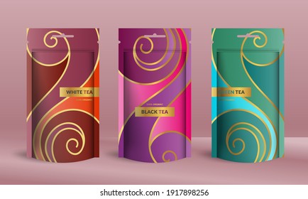 Colorful tea packaging design with zip pouch bag mockup. Vector ornament template. Elegant, classic elements. Great for food, drink and other package types. Can be used for background and wallpaper.