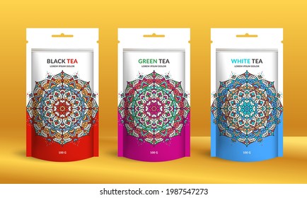 Colorful tea packaging design with zip pouch bag mockup. Vector ornament template. Elegant, classic elements. Great for food, drink and other package types. Can be used for background and wallpaper.