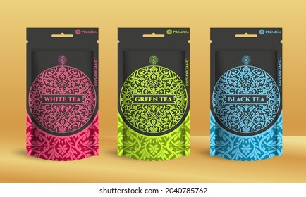 Colorful tea packaging design with zip pouch bag mockup. Vector ornament template. Elegant, classic elements. Great for food, drink and other package types. Can be used for background and wallpaper.