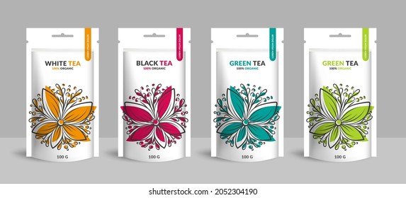 Colorful tea packaging design with zip pouch bag mockup. Vector ornament template. Elegant, classic elements. Great for food, drink and other package types. Can be used for background and wallpaper.