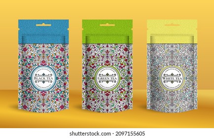 Colorful tea packaging design with zip pouch bag mockup. Vector ornament template. Elegant, classic elements. Great for food, drink and other package types. Can be used for background and wallpaper.