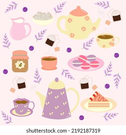 Colorful tea party isolated set elements. The cute teapots, tea cups, tea bags, milk, sugar, honey, macaroons, and strawberry cake. The set of teatime is in flat vector style.