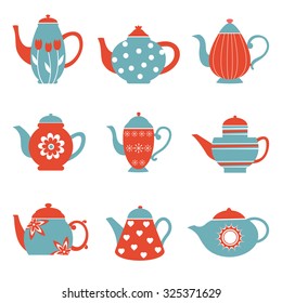 Colorful tea pots collection. Illustration in vector format