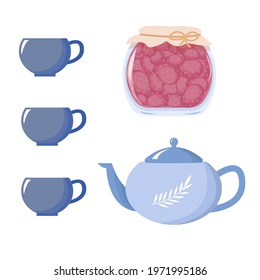 colorful tea set with a set of cups, teapot in blue tones. Serving jam for tea. Vector illustration