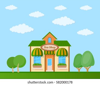 Colorful tea shop front view on nature background, vector illustration