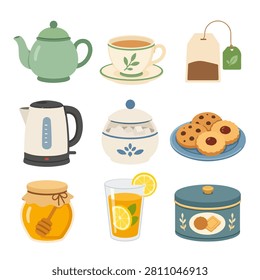 Colorful tea time beverage icon collection featuring teapot teacup tea bag electric kettle sugar bowl cookies honey lemon drink and tea container isolated on white background