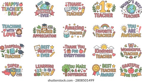 Colorful Teacher Appreciation Sticker Bundle with Happy Teachers Day Quotes and School Badge Set