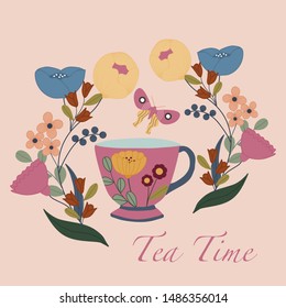 Colorful teacup and flowers in an autumn illustration, perfect to use on the web, or in print, for postcards, greeting cards, invitations or in surface design