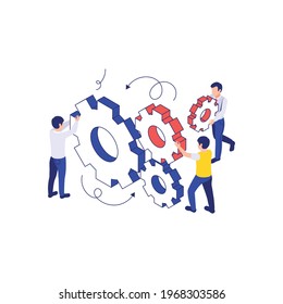 Colorful team work business concept with people and gears isometric vector illustration