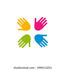 Colorful teamwork concept. Hands together. Friendship symbol. Vector isolated on white 