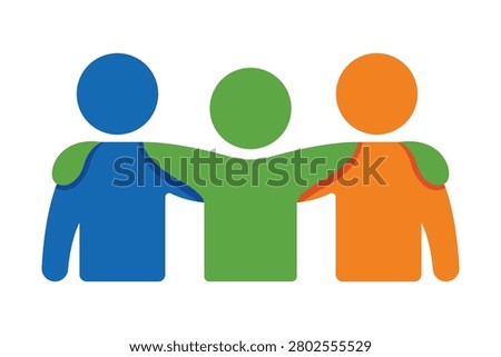 Colorful teamwork icon featuring three connected people. Modern flat vector symbol representing collaboration, friendship, partnership, diversity, and community support.
