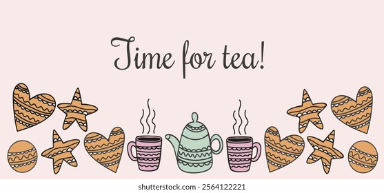 Colorful teapot with mugs and cookies on pink background in doodle style illustration with text. Postcard, banner, flyer, invitation to tea party. Dishes and cookies with pattern in unified style.