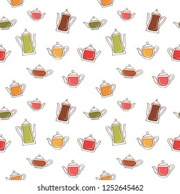 Colorful teapot set isolated on white pattern. Seamless vector background. Doodle tea icons on flat repeatable illustration for backdrop, wallpaper, cards, fabric print. Decorative cafe pattern.