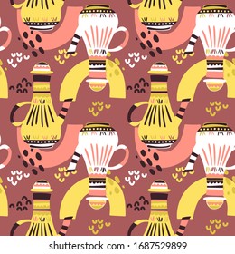 Colorful teapots and doodle elements, seamless pattern