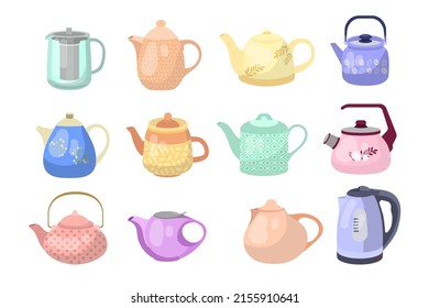Colorful teapots and kettles cartoon illustration set. Ceramic, glass and electric kettles for boiling water. Household, kitchen utensils, decoration, teatime concept