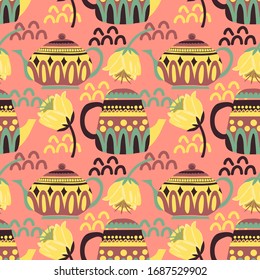 Colorful teapots and yellow flowers, seamless pattern
