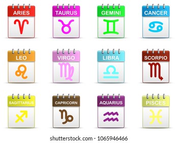 Colorful tear off calendar with Zodiac sign symbol icon for Vector graphic idea design concept