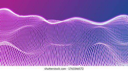 Colorful tech wavy grid with lines, abstract 3D landscape background, vector illustration