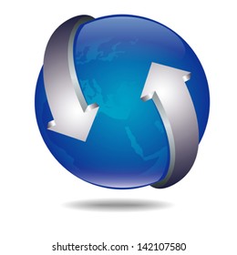 colorful technical icon with abstract Earth sphere and arrows, isolated on white with reflection