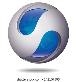 colorful technical icon with abstract Earth sphere, isolated on white with reflection