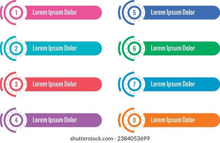 colorful technological buttons on a white background. eight options technological banner set. internet, web button interfaces