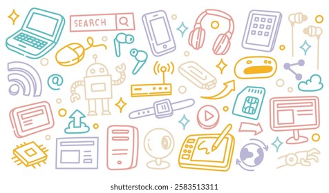 Colorful Technology Doodle Icons – Hand-Drawn Digital Devices, Gadgets, and Internet Symbols Vector Illustration