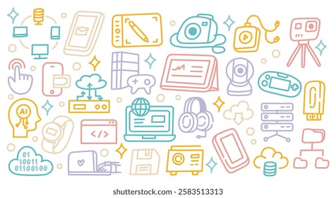 Colorful Technology Doodle Icons – Hand-Drawn Digital Devices, Gadgets, and Internet Symbols Vector Illustration