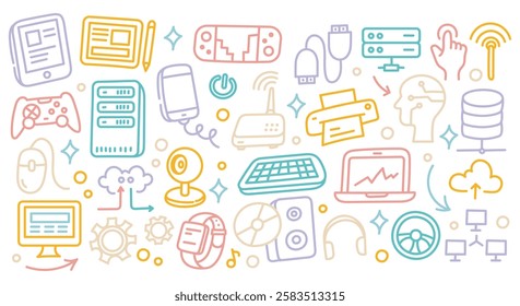 Colorful Technology Doodle Icons – Hand-Drawn Digital Devices, Gadgets, and Internet Symbols Vector Illustration