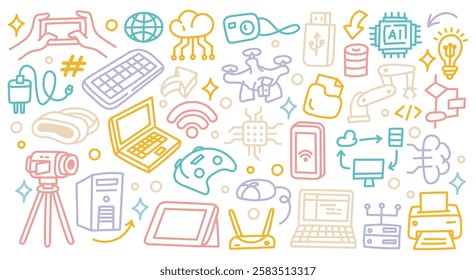 Colorful Technology Doodle Icons – Hand-Drawn Digital Devices, Gadgets, and Internet Symbols Vector Illustration